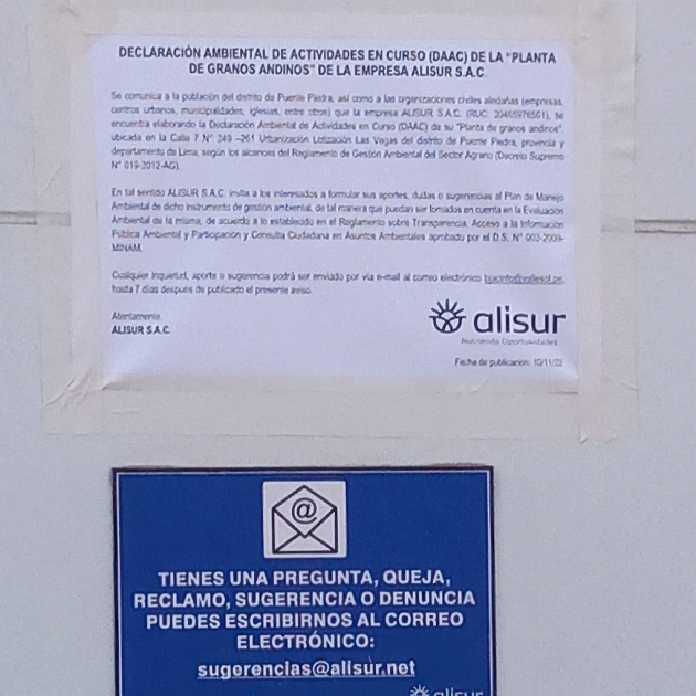 Publicación de afiches informativos para la Declaración Ambiental de Actividades en Curso (DAAC) de la empresa ALISUR S.A.C.