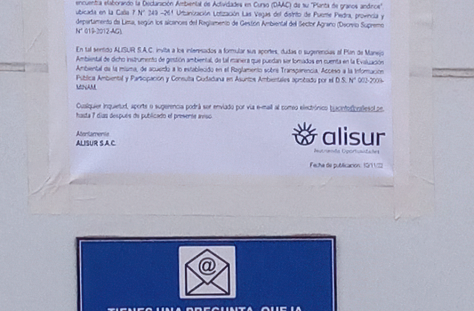 Publicación de afiches informativos para la Declaración Ambiental de Actividades en Curso (DAAC) de la empresa ALISUR S.A.C.